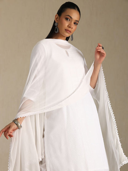 Dhiyona SO Women's Geometric Self Design Keyhole Neck Straight Kurta With Trousers & Dupatta