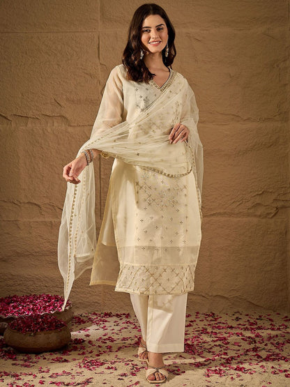 Dhiyona PD Women Floral Embroidered V-Neck Chanderi Cotton Kurta & Trousers With Dupatta