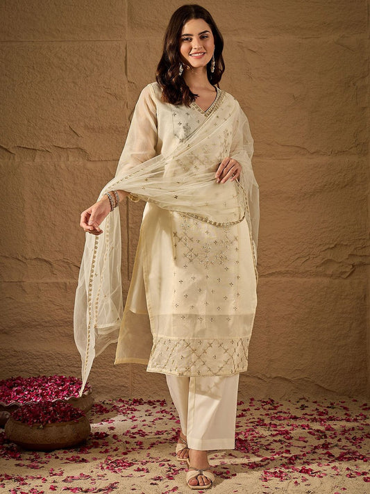 Dhiyona PD Women Floral Embroidered V-Neck Chanderi Cotton Kurta & Trousers With Dupatta