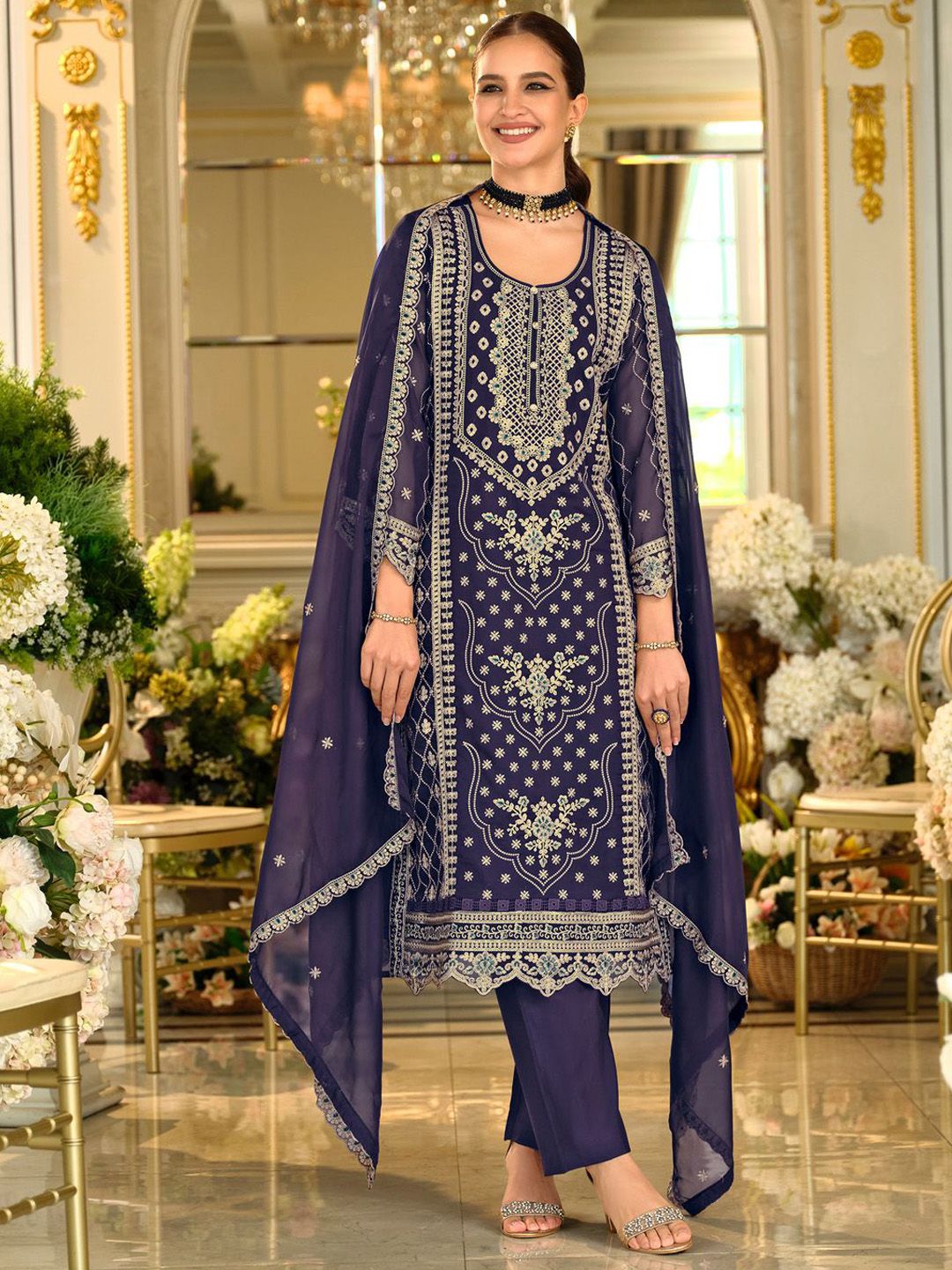 Ethnic Motifs Embroidered Sequinned Kurta with Trousers & Dupatta