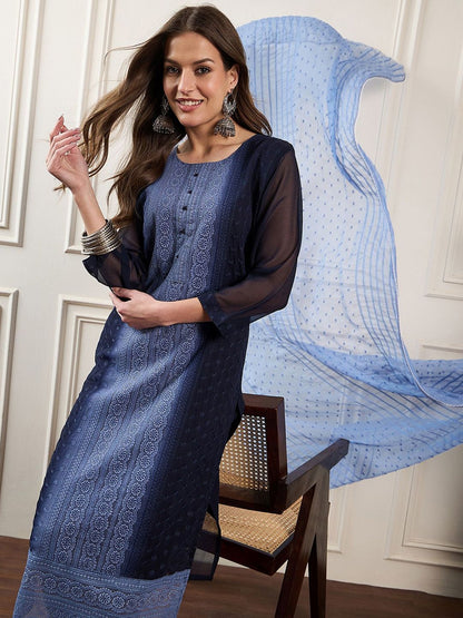 Dhiyona PD Women Embroidered Ombre & Schiffli Straight Kurta With Trousers And Dupatta
