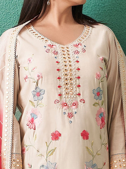 Women Floral Embroidered Regular Mirror Work Kurta with Trousers & With Dupatta