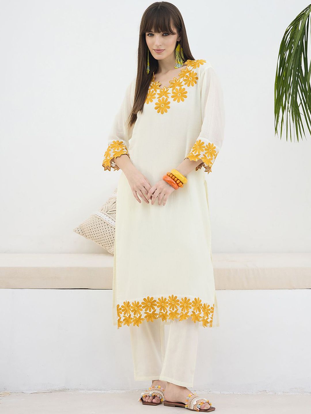Dhiyona IE Embroidered Pure Cotton V Neck Top With Trouser