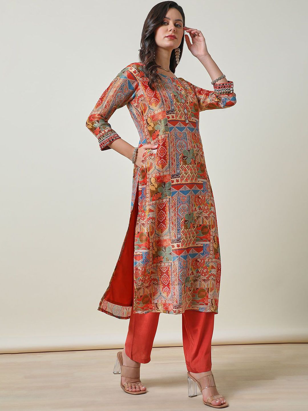 Dhiyona SO Women's Ethnic Motifs Printed Mirror Work Tissue Straight Kurta With Trouser