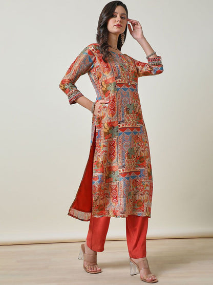 Dhiyona SO Women's Ethnic Motifs Printed Mirror Work Tissue Straight Kurta With Trouser