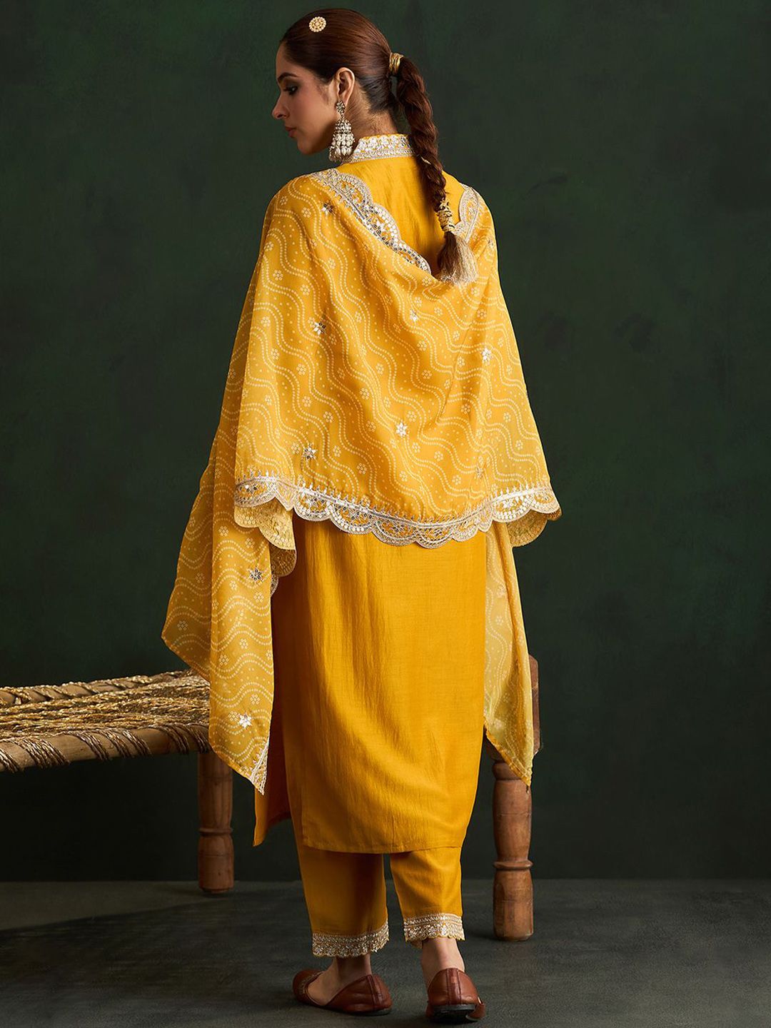 Dhiyona IE Mustard Yellow Floral Embroidered V-Neck Straight Kurta with Trousers & Dupatta