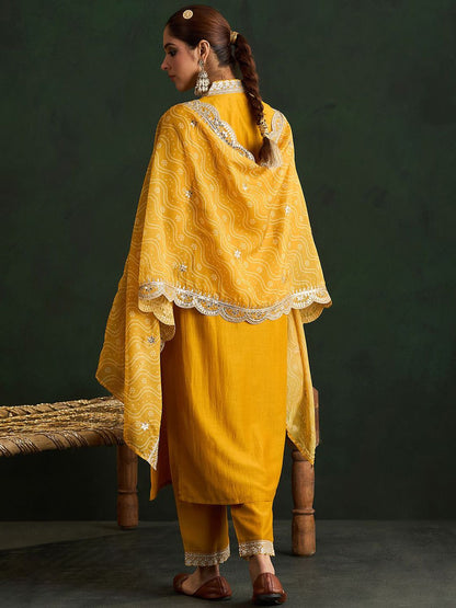 Dhiyona IE Mustard Yellow Floral Embroidered V-Neck Straight Kurta with Trousers & Dupatta