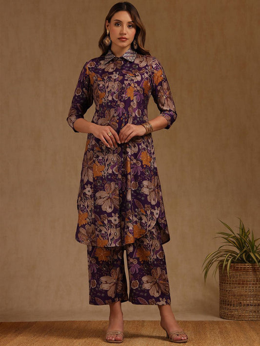 Dhiyona SO Women's Floral Printed Shirt Collar Zari Muslin Straight Kurta With Palazzos
