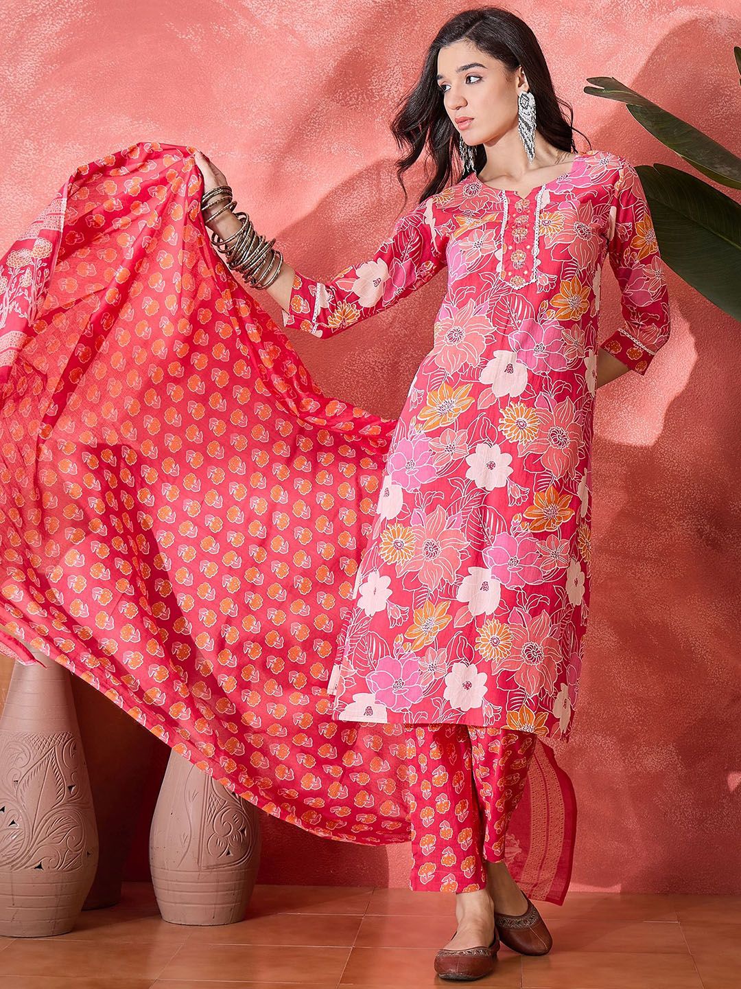 Dhiyona SN Women's Floral Printed Notch Neck Pure Cotton Straight Kurta With Trouser & Dupatta