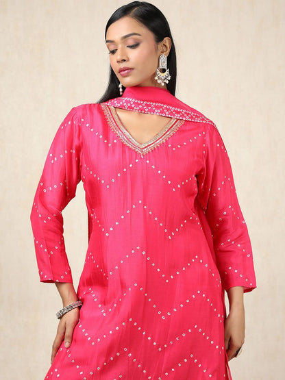 Dhiyona SO Women's Bandhani Printed V-Neck Sequinned Straight Kurta With Palazzos & Dupatta