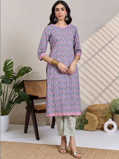 Women Floral Printed Regular Pure Cotton Kurta with Trousers & With Dupatta