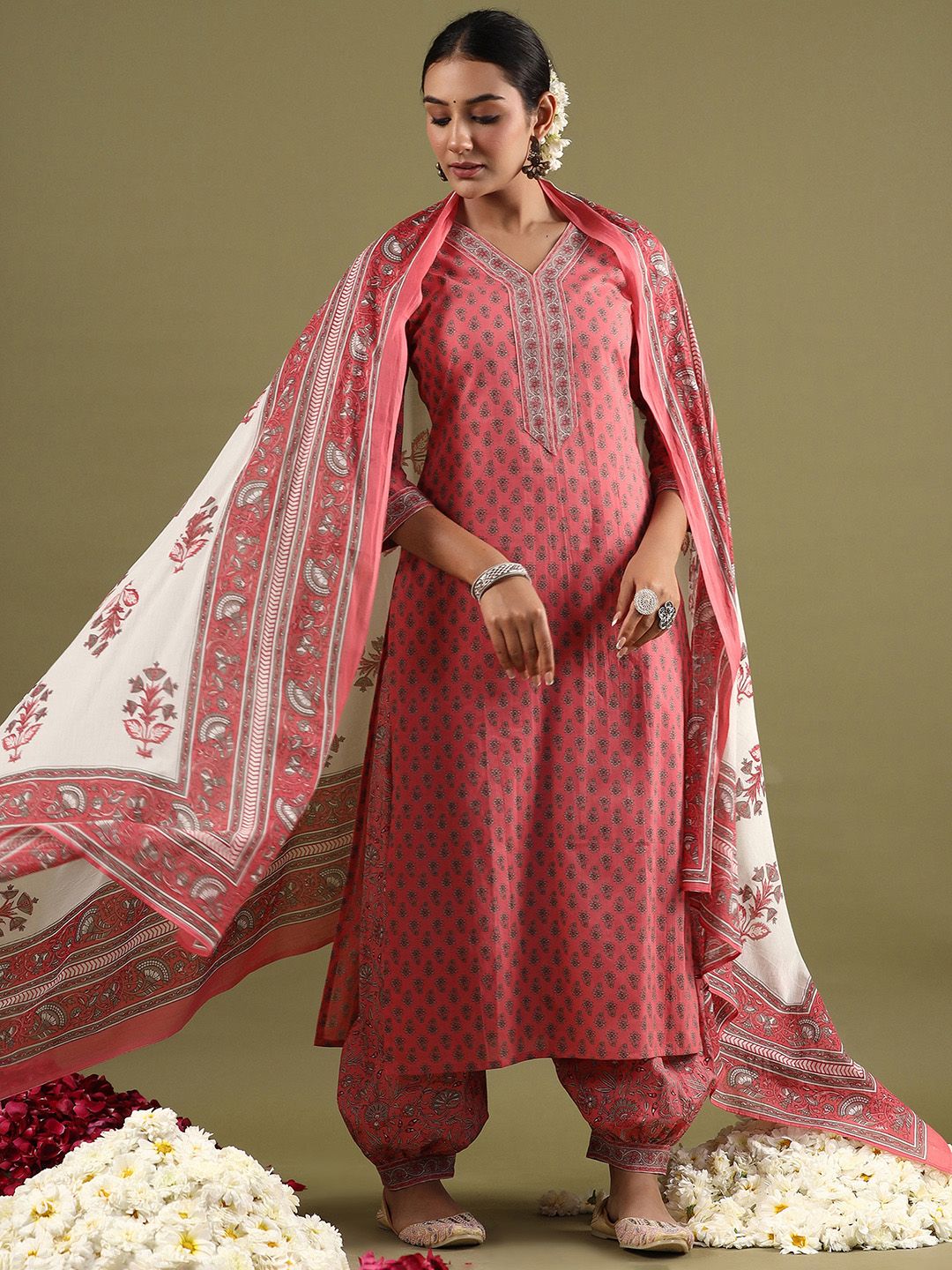 Dhiyona IE Women Ethnic Motifs Printed Regular Pure Cotton Kurta with Salwar & With Dupatta