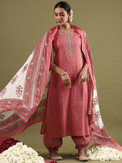 Dhiyona IE Women Ethnic Motifs Printed Regular Pure Cotton Kurta with Salwar & With Dupatta