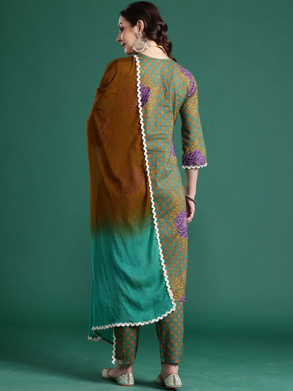 Women Printed Regular Thread Work Pure Cotton Kurta with Trousers & With Dupatta