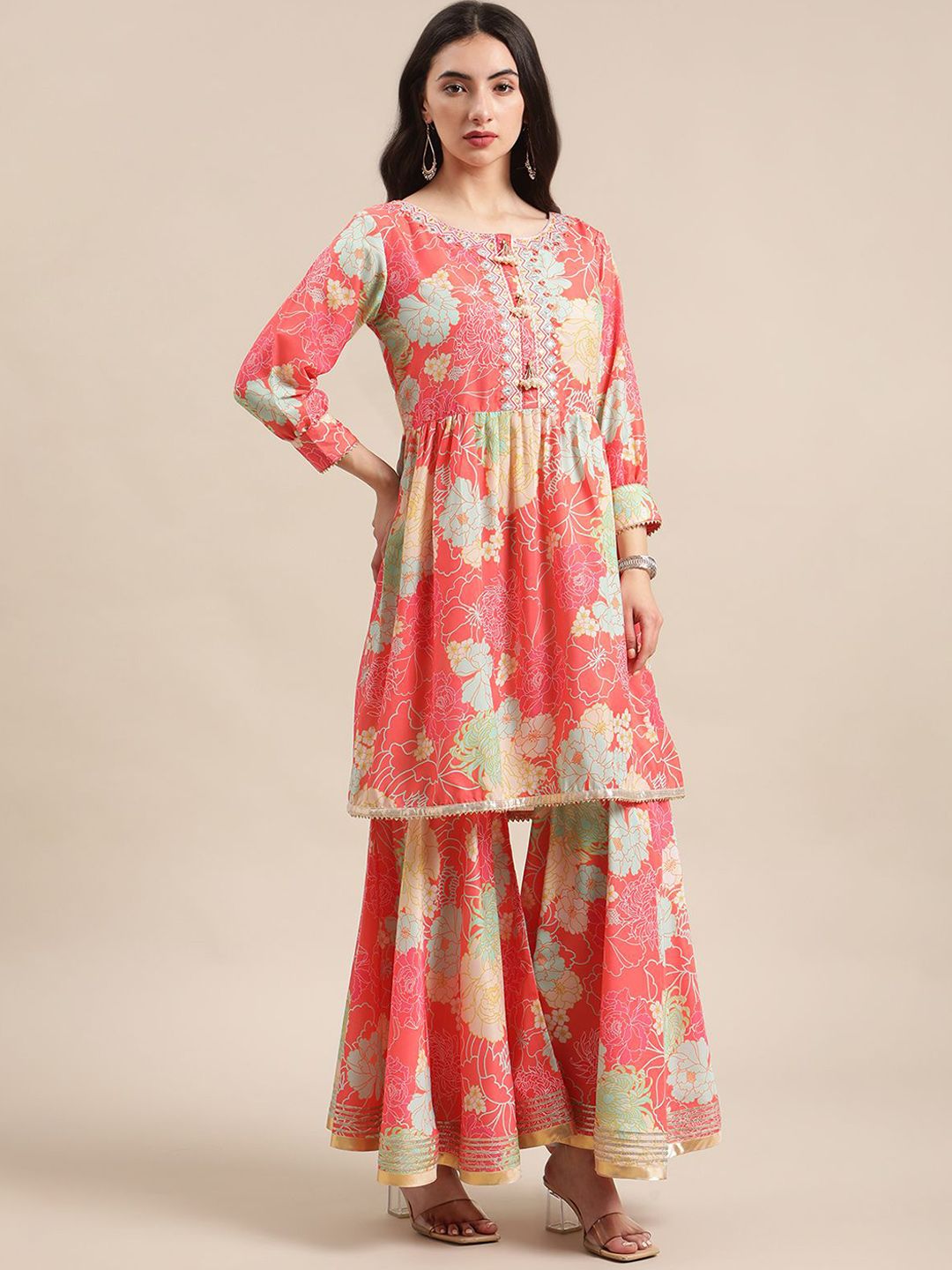 Dhiyona VA Women'sFloral Printed Empire Mirror Work Anarkali Kurta with Sharara & With Dupatta