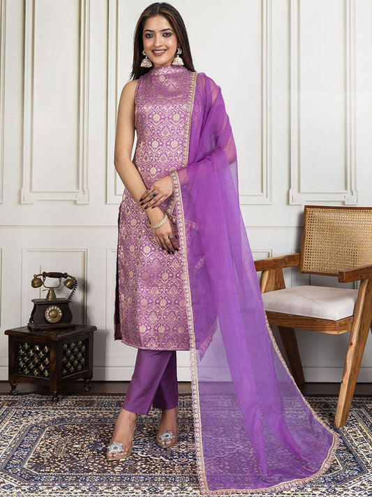 Dhiyona PD Women Ethnic Motifs Zari Woven Design Straight Kurta & Trousers With Dupatta