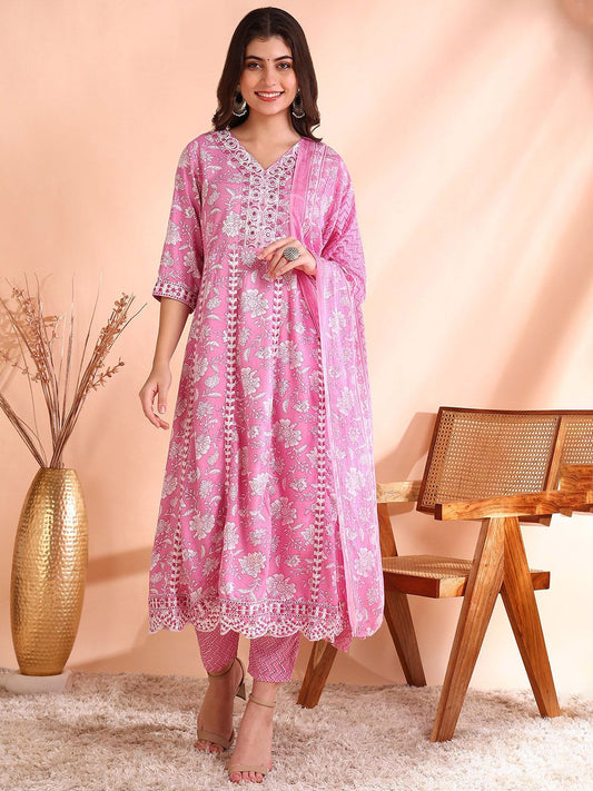 Dhiyona OD  Thread Work Pure Cotton Anarkali Kurta with Trousers & Dupatta