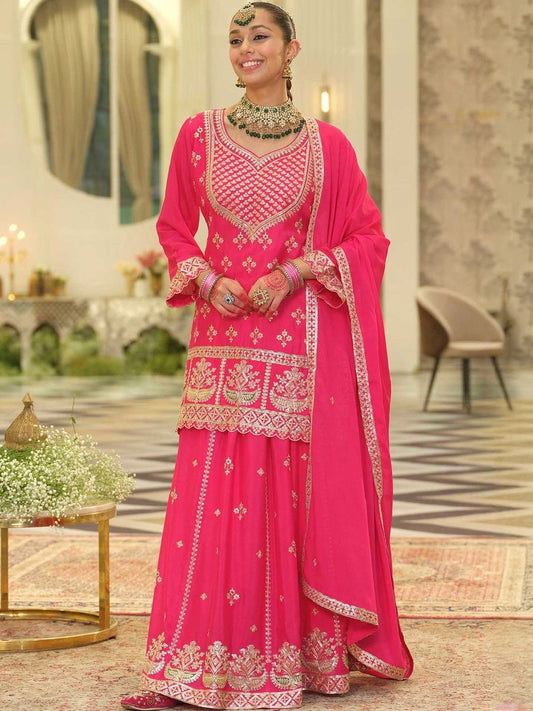 Dhiyona IE Ethnic Motifs Embroidered V-Neck Straight Kurta With Sharara & Dupatta