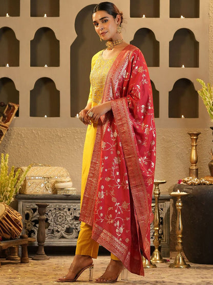 Dhiyona IE Women's Floral Yoke Design Round Neck Zari Straight Kurta & Trousers With Dupatta