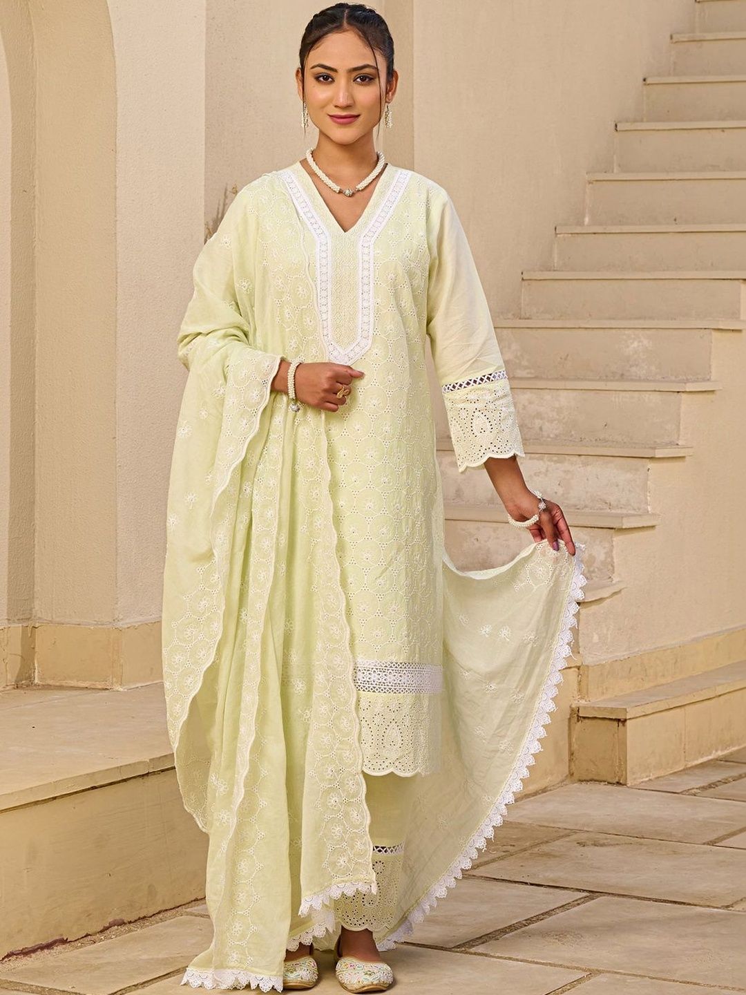 Women Ethnic Motifs Embroidered Regular Chikankari Pure Cotton Kurta with Trousers & With Dupatta