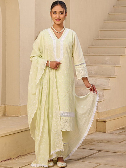 Women Ethnic Motifs Embroidered Regular Chikankari Pure Cotton Kurta with Trousers & With Dupatta