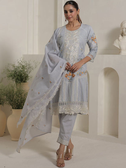 Floral Embroidered Straight Pure Cotton Kurta With Trousers & Dupatta