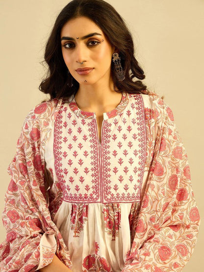 Women's Ethnic Motifs Embroidered Anarkali Pure Cotton Kurta with Palazzos & With Dupatta