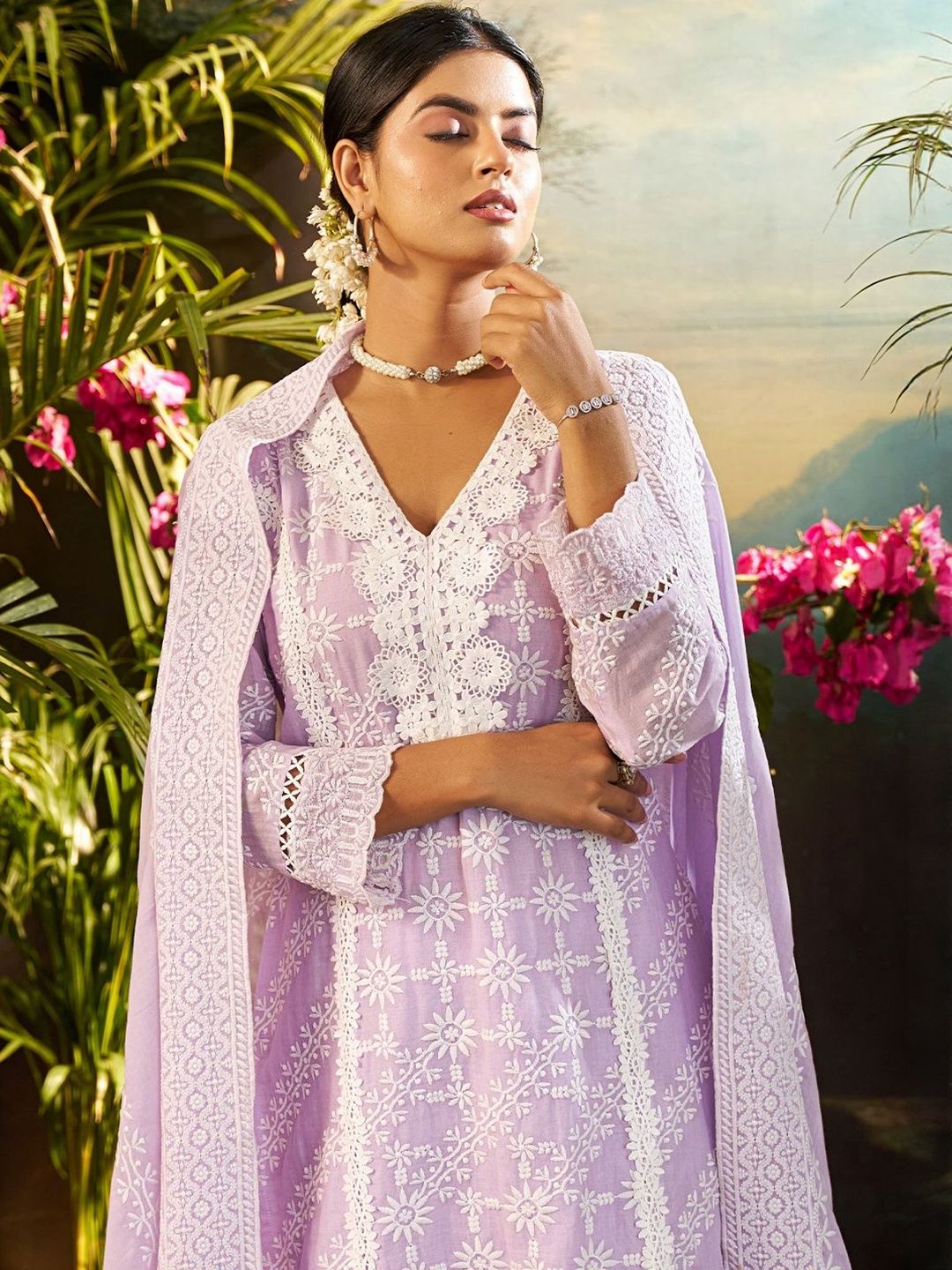 Women Ethnic Motifs Embroidered Regular Chikankari Pure Cotton Kurta with Trousers & With Dupatta