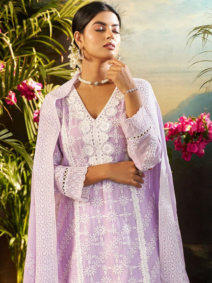 Women Ethnic Motifs Embroidered Regular Chikankari Pure Cotton Kurta with Trousers & With Dupatta