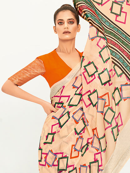 Women's Cotton Blend Cream Printed Designer Saree With Blouse Piece