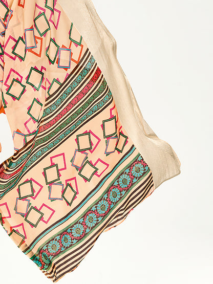 Women's Cotton Blend Cream Printed Designer Saree With Blouse Piece
