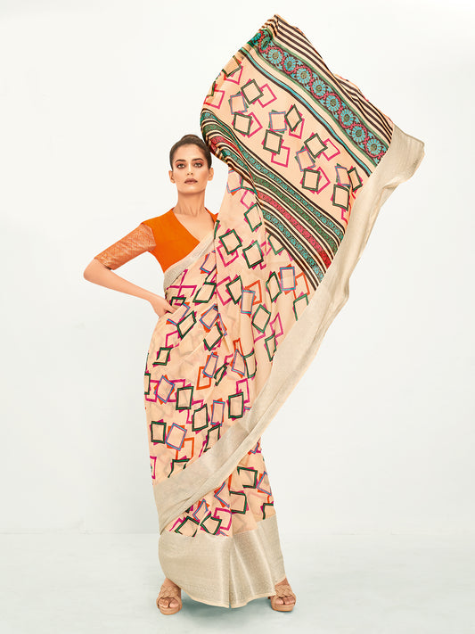 Women's Cotton Blend Cream Printed Designer Saree With Blouse Piece