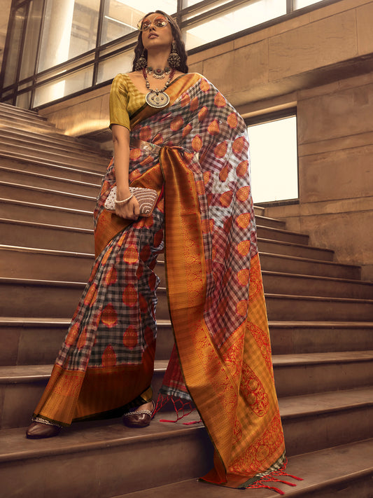 Women's Organza Grey Woven Design Designer Saree With Blouse Piece