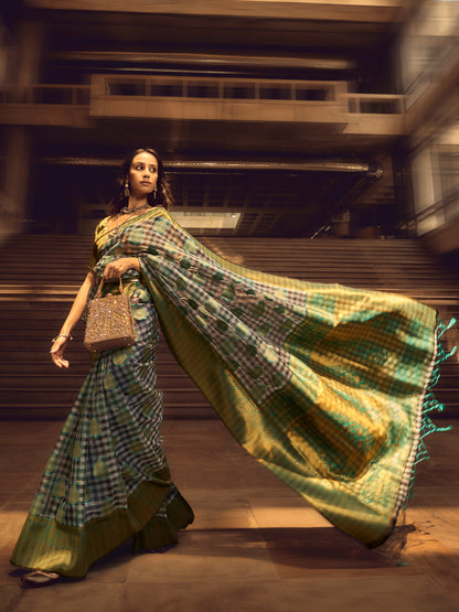 Women's Organza Grey Woven Design Designer Saree With Blouse Piece