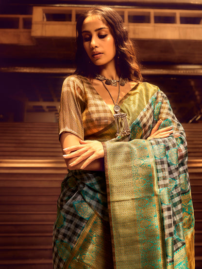 Women's Organza Grey Woven Design Designer Saree With Blouse Piece