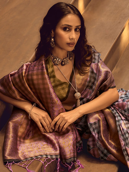 Women's Organza Grey Woven Design Designer Saree With Blouse Piece