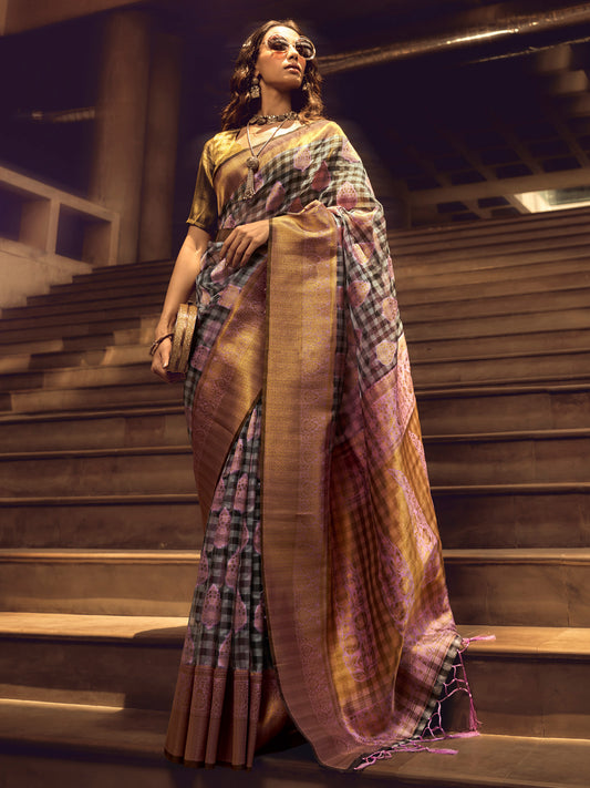 Women's Organza Grey Woven Design Designer Saree With Blouse Piece