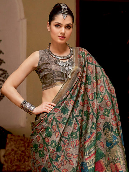 Women's Silk Blend Beige Printed Designer Saree With Blouse Piece