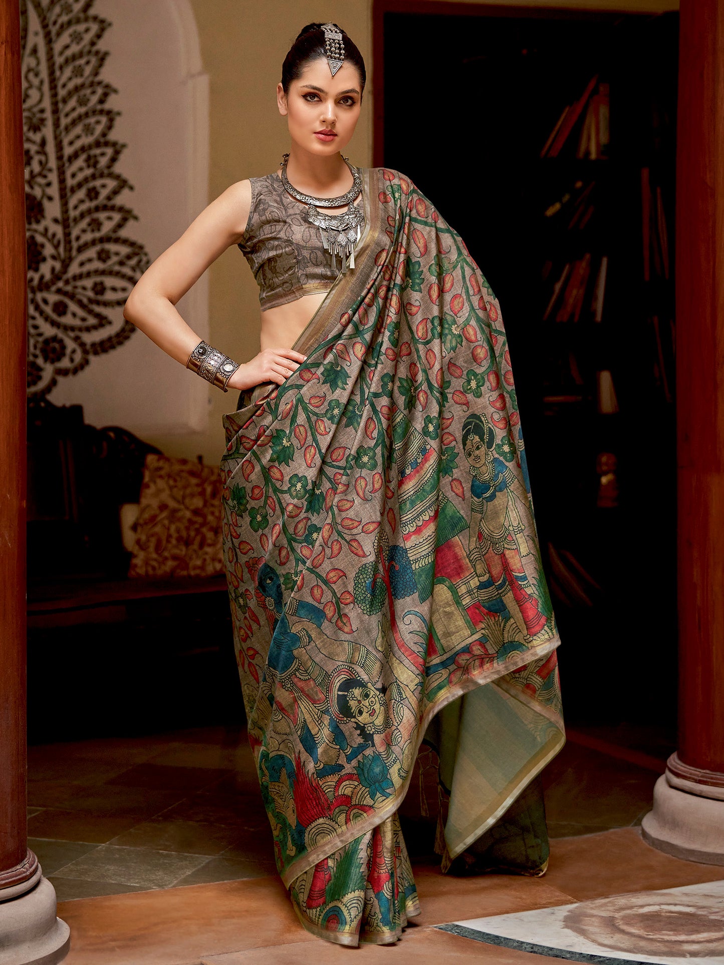 Women's Silk Blend Beige Printed Designer Saree With Blouse Piece