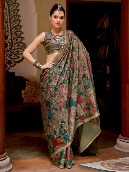 Women's Silk Blend Beige Printed Designer Saree With Blouse Piece