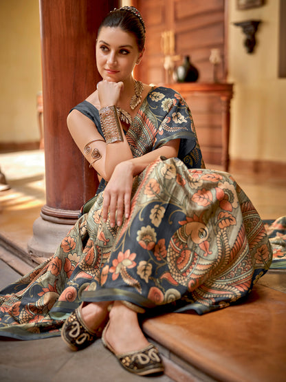 Women's Silk Blend Sea Green Printed Designer Saree With Blouse Piece