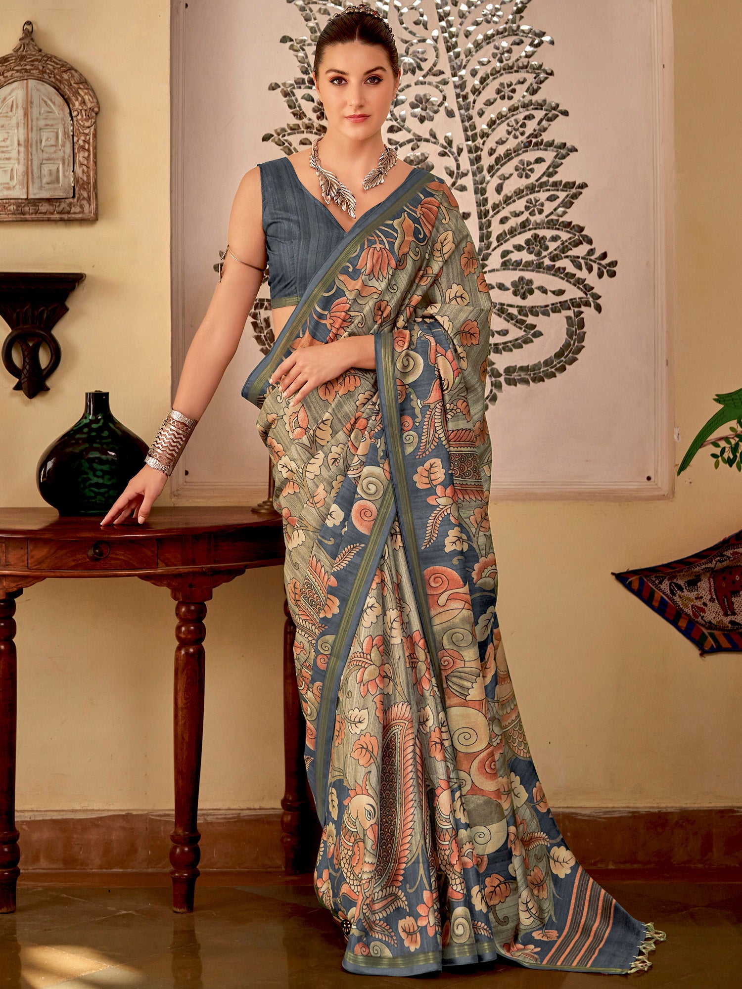 Women's Silk Blend Sea Green Printed Designer Saree With Blouse Piece