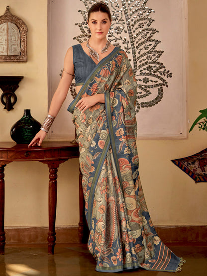 Women's Silk Blend Sea Green Printed Designer Saree With Blouse Piece