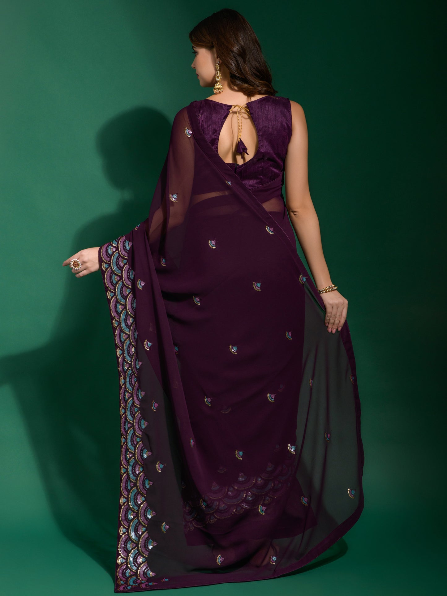 Women's Georgette Purple Embellished Designer Saree With Blouse Piece