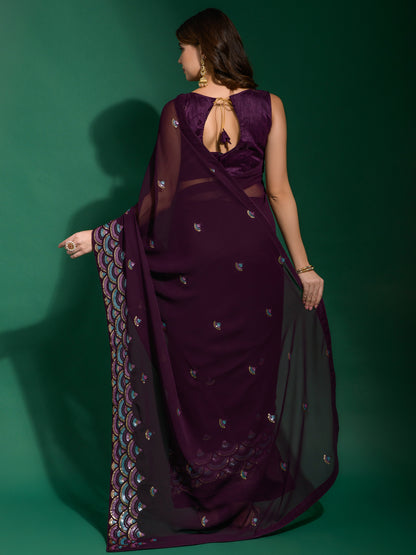 Women's Georgette Purple Embellished Designer Saree With Blouse Piece