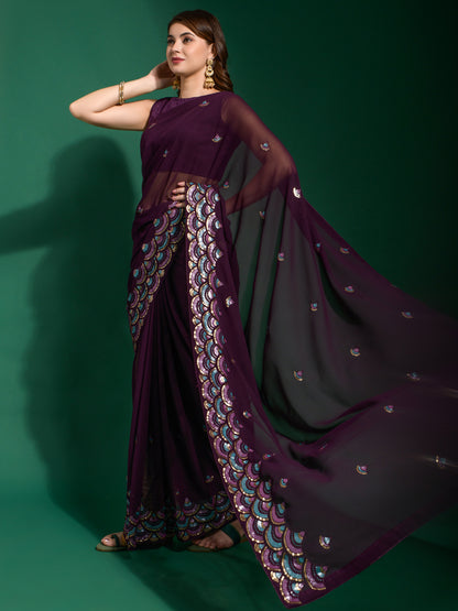 Women's Georgette Purple Embellished Designer Saree With Blouse Piece