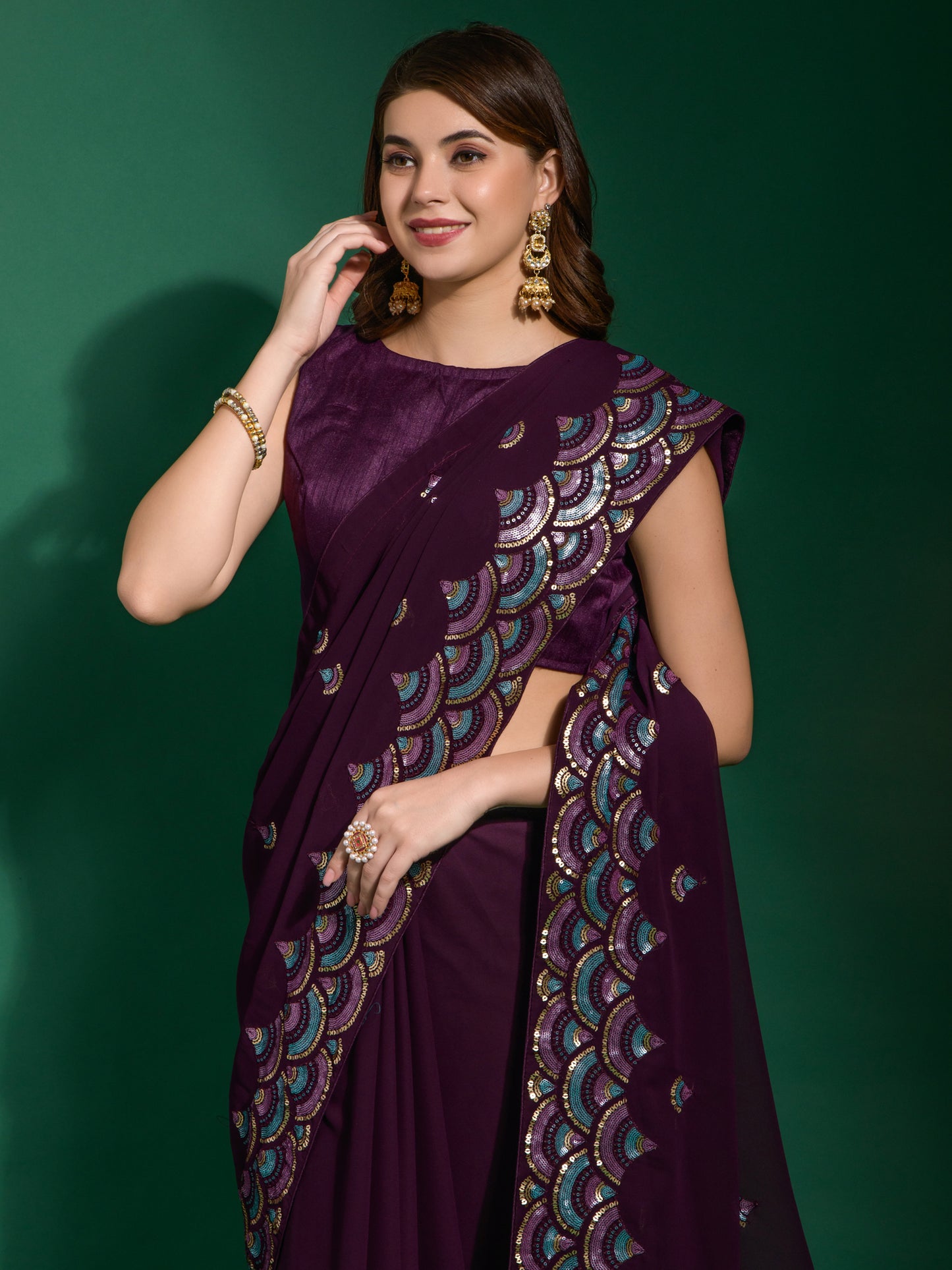 Women's Georgette Purple Embellished Designer Saree With Blouse Piece