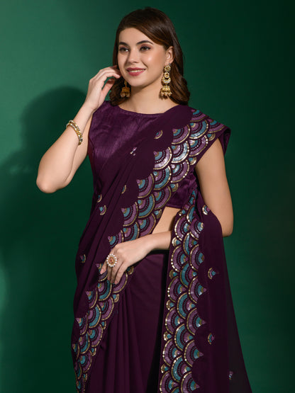 Women's Georgette Purple Embellished Designer Saree With Blouse Piece