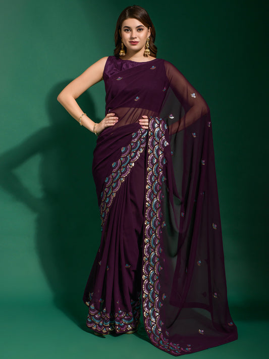 Women's Georgette Purple Embellished Designer Saree With Blouse Piece