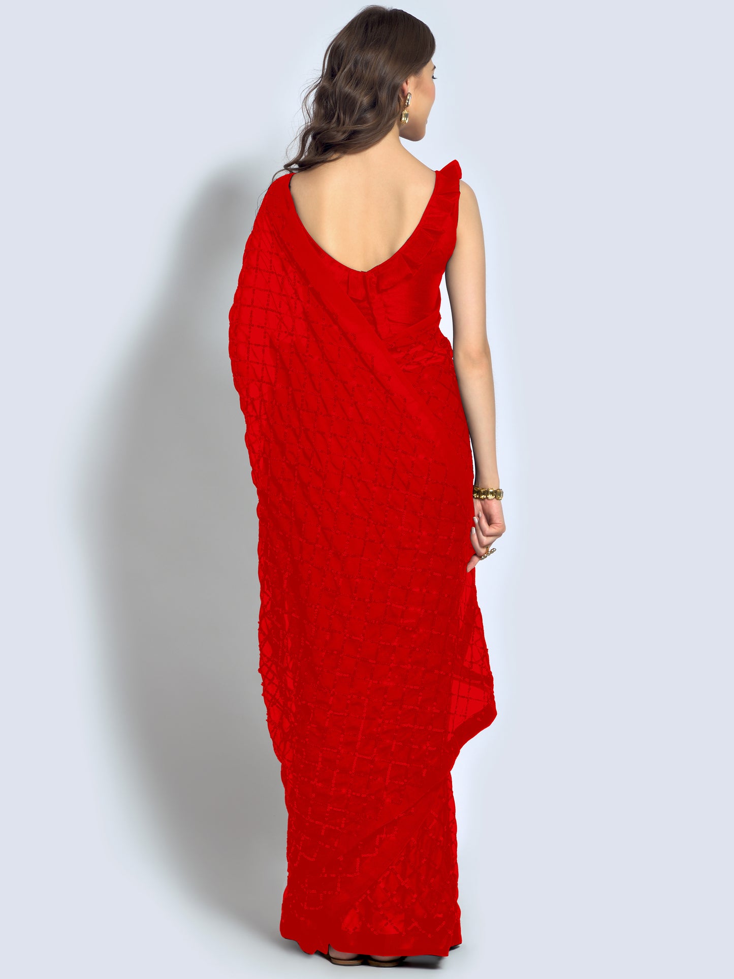 Women's Georgette Red Embellished Designer Saree With Blouse Piece
